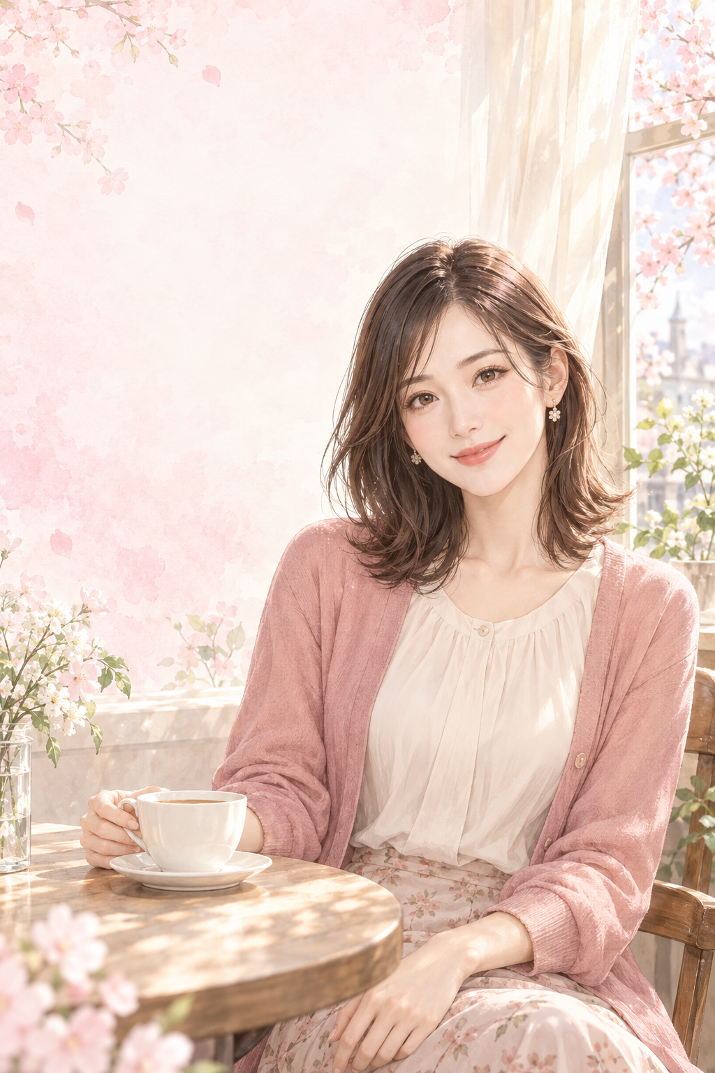 桜の見えるカフェでほほ笑む女性のイメージ