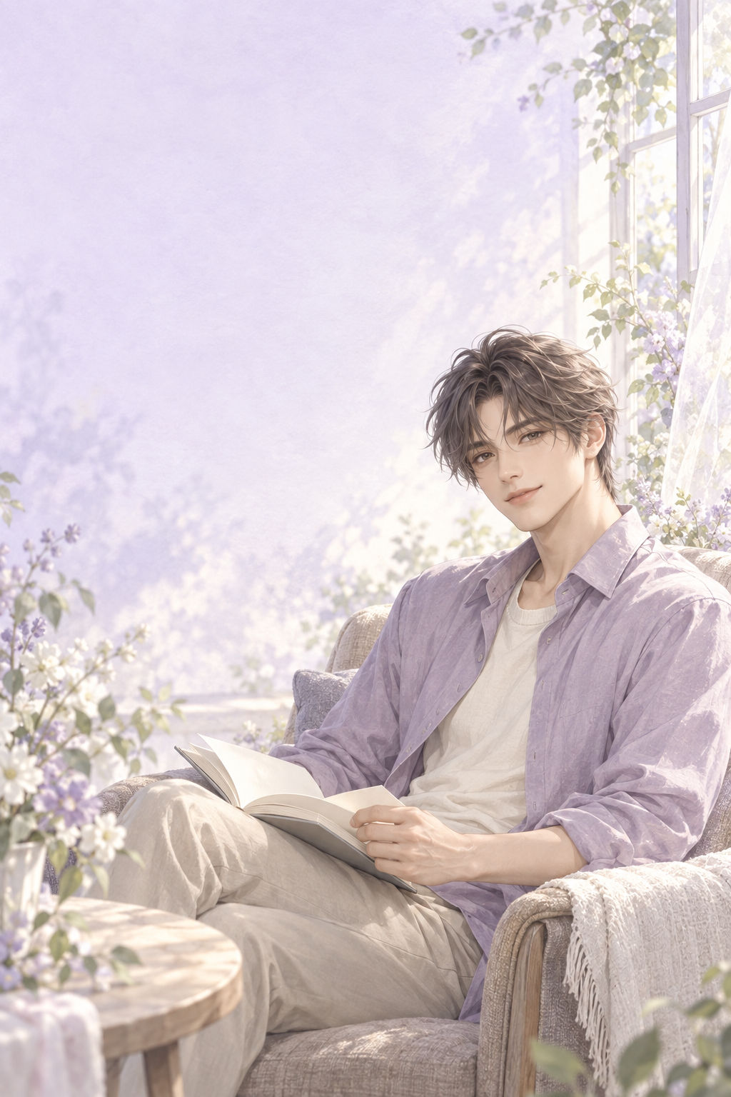 花のある明るい部屋でほほ笑むAB型男子のイメージ