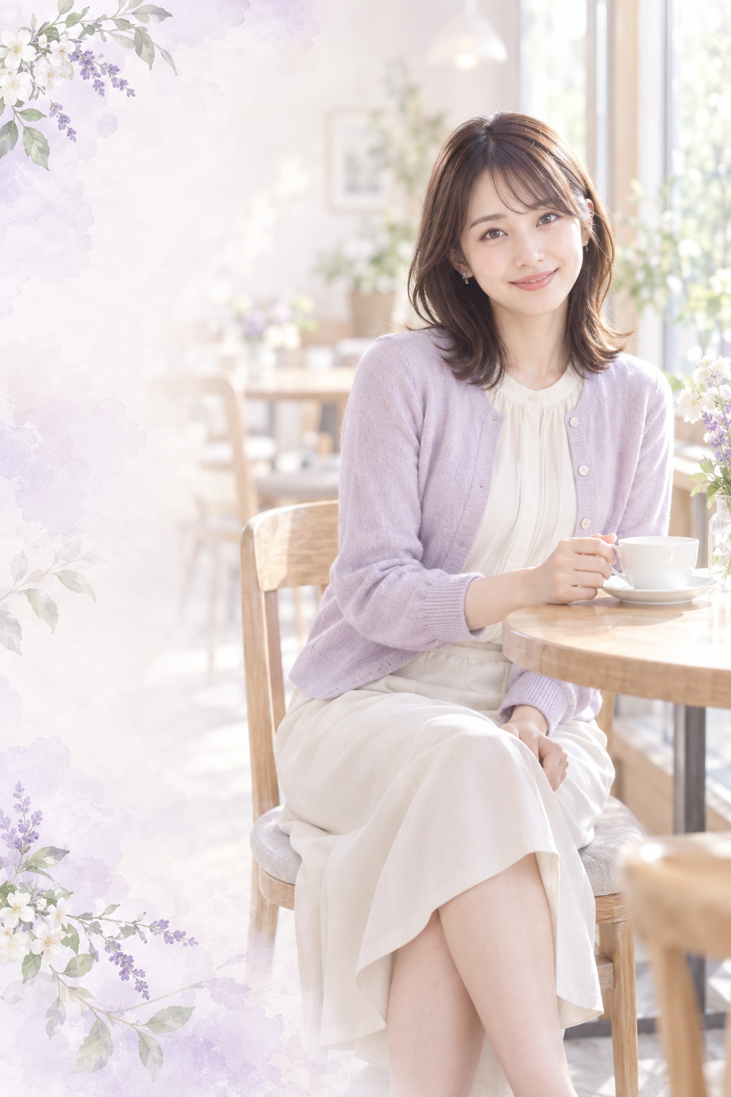 花のある明るいカフェでほほ笑む女性のイメージ