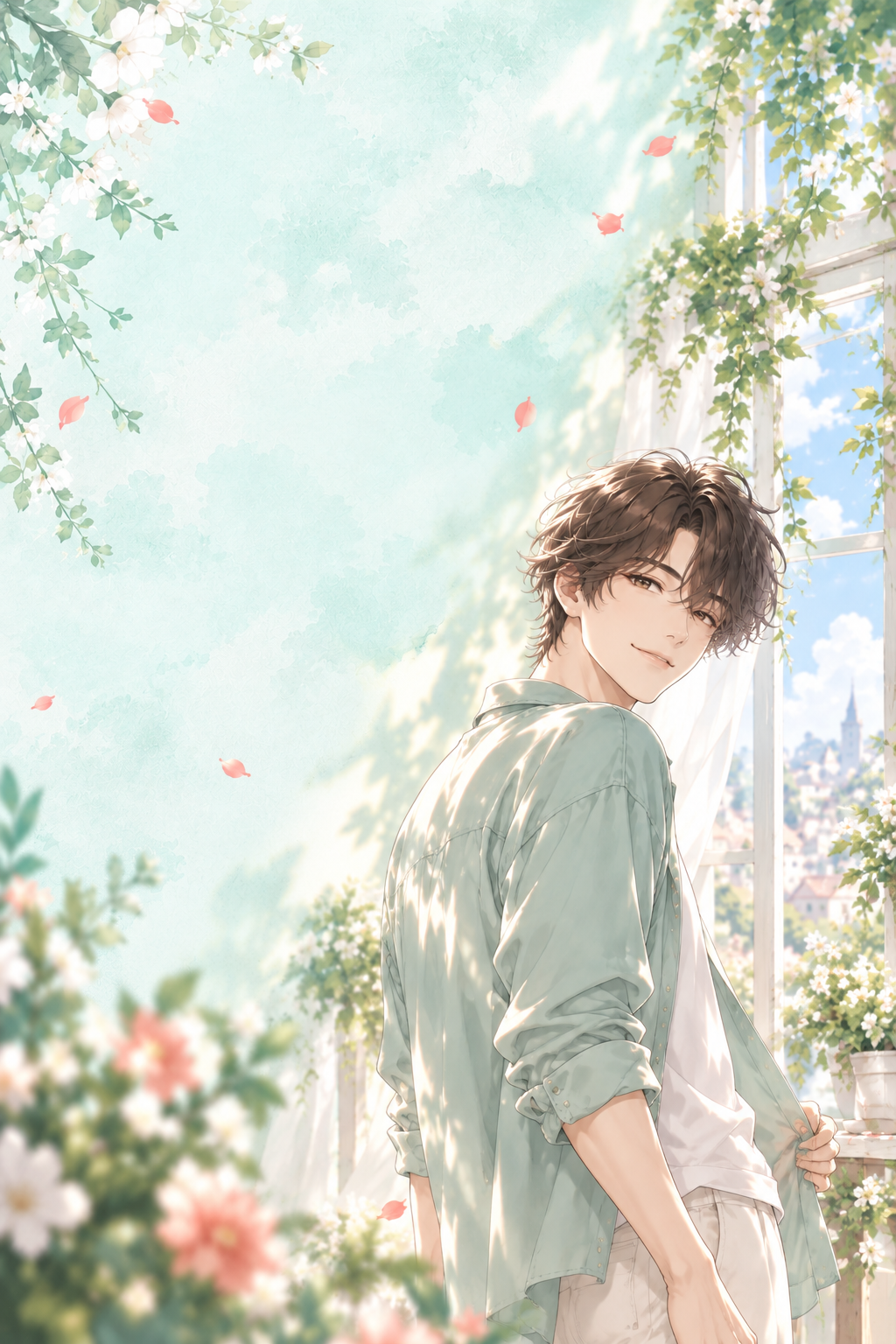 花のある明るい部屋でほほ笑むB型男子のイメージ