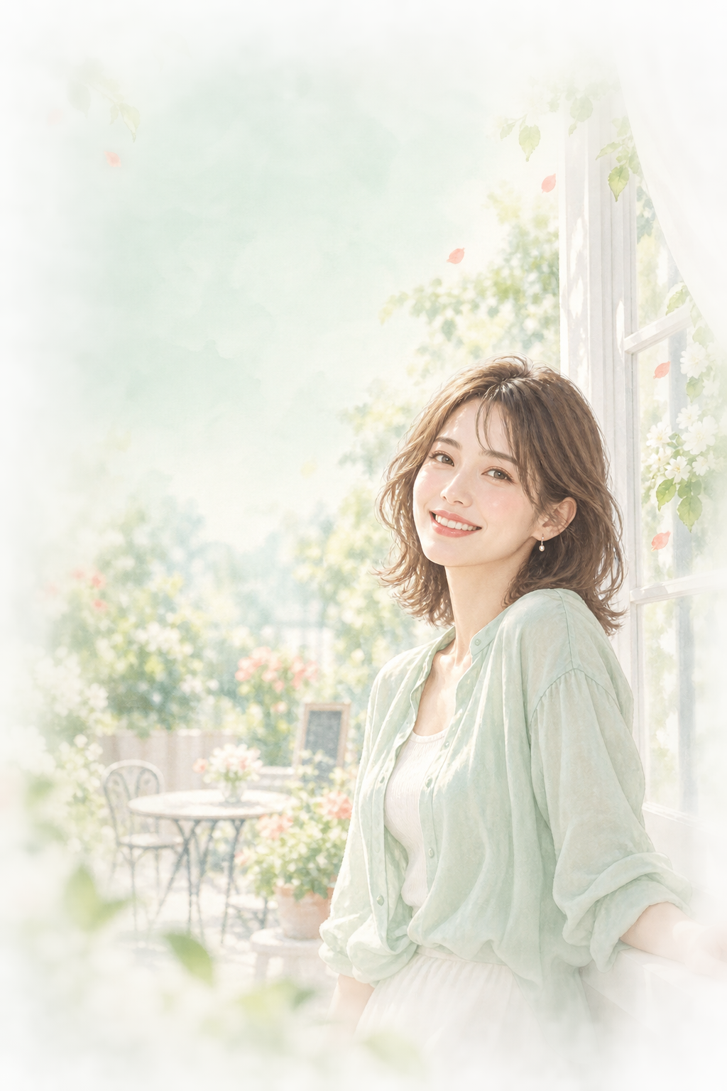 花のある明るいカフェでほほ笑む女性のイメージ