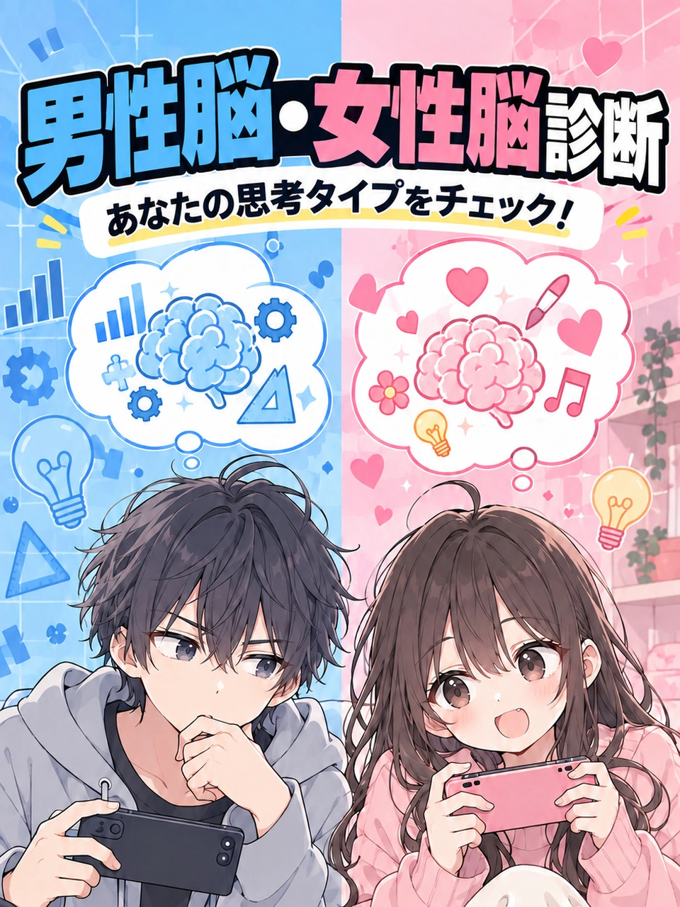 男性脳・女性脳診断。青とピンクの背景でゲームをする男女と、考え方を表すイラスト