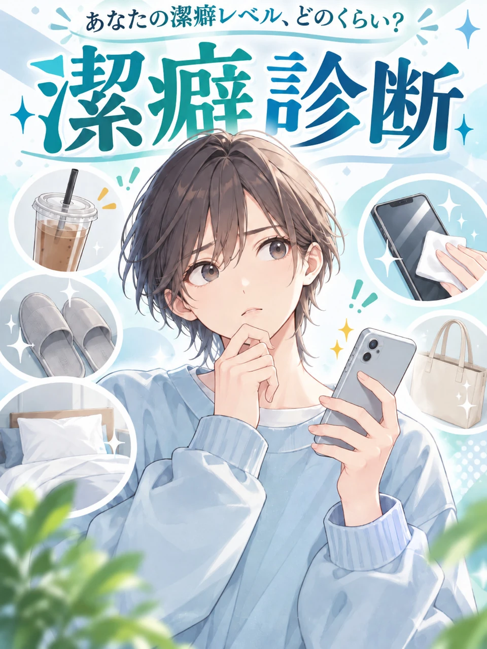 潔癖診断。スマホを持つ人物と、飲み物・スリッパ・ベッド・バッグ・スマホを拭く手のイラスト