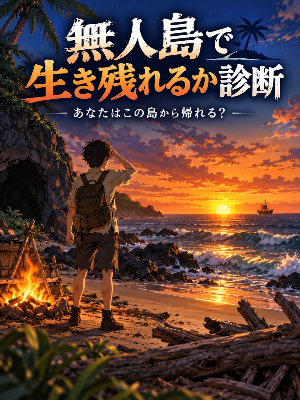 無人島で生き残れるか診断のタイトルと、夕暮れの海岸で沖の船を見つめる主人公