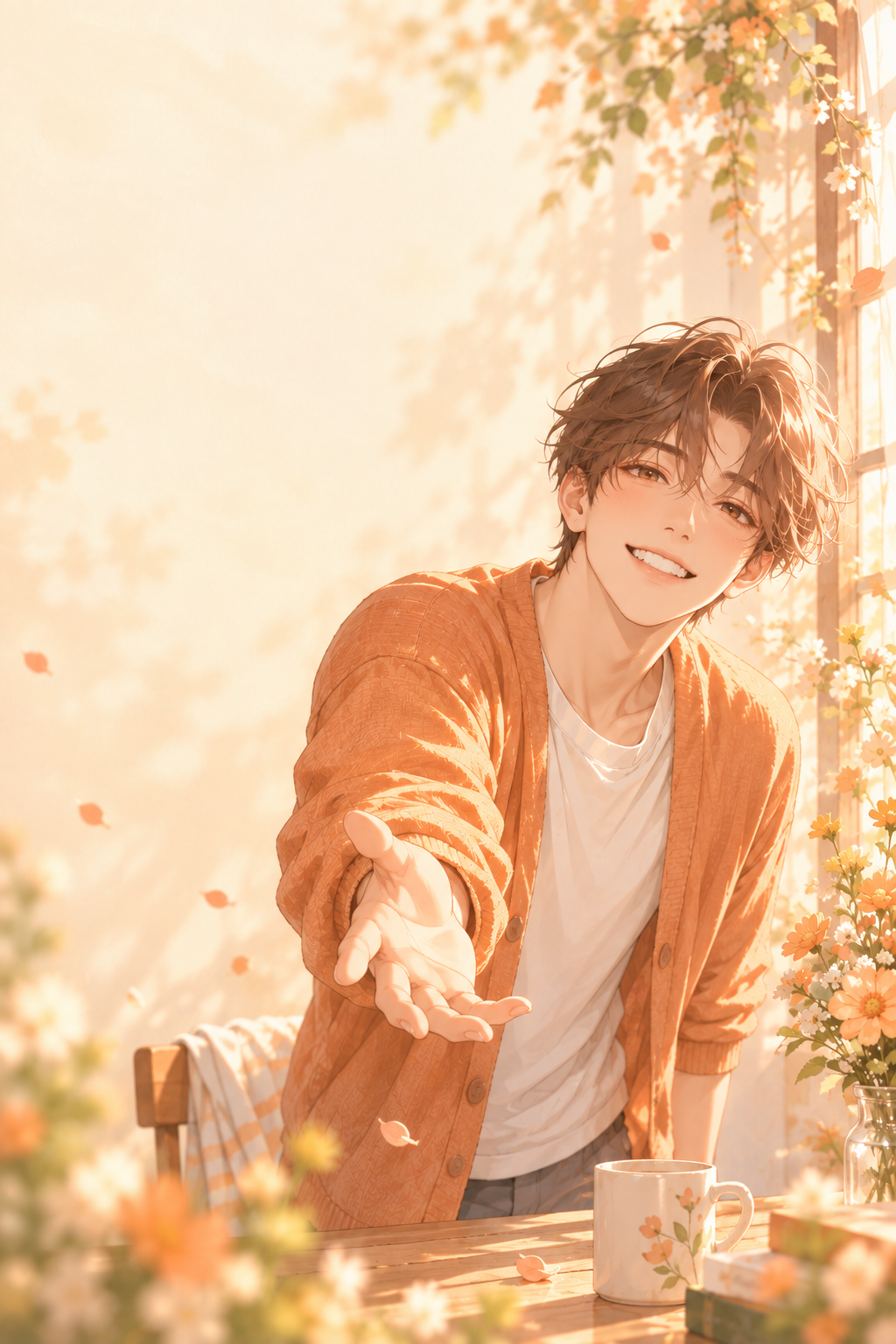花のある明るい部屋でほほ笑むO型男子のイメージ