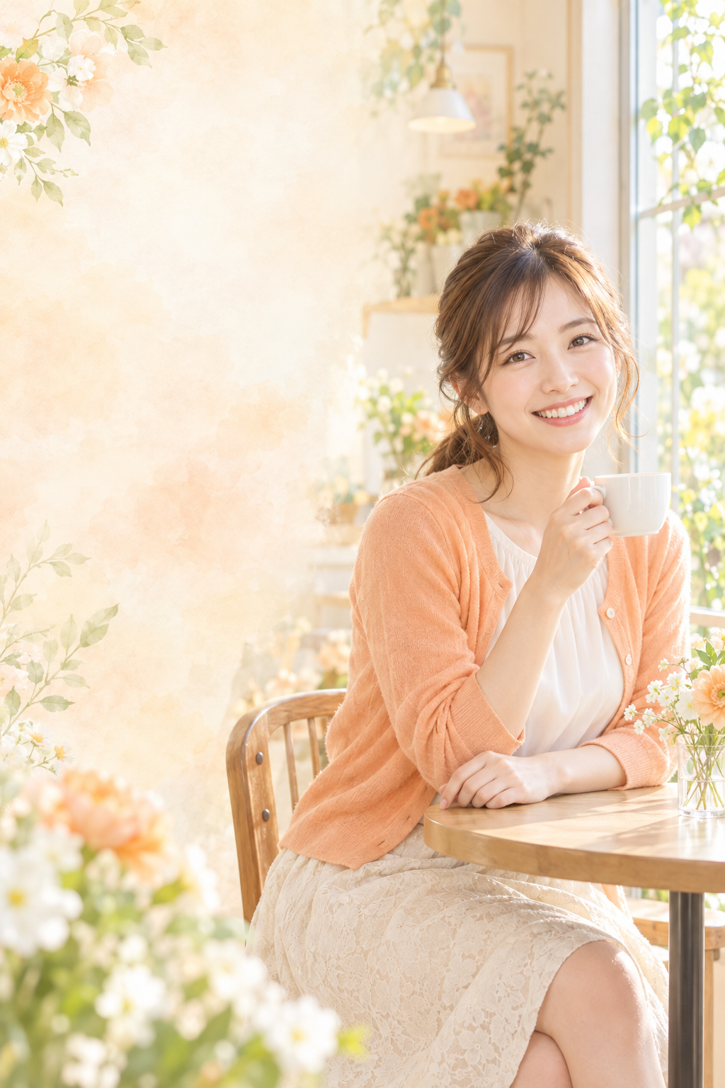 花のある明るいカフェでほほ笑む女性のイメージ
