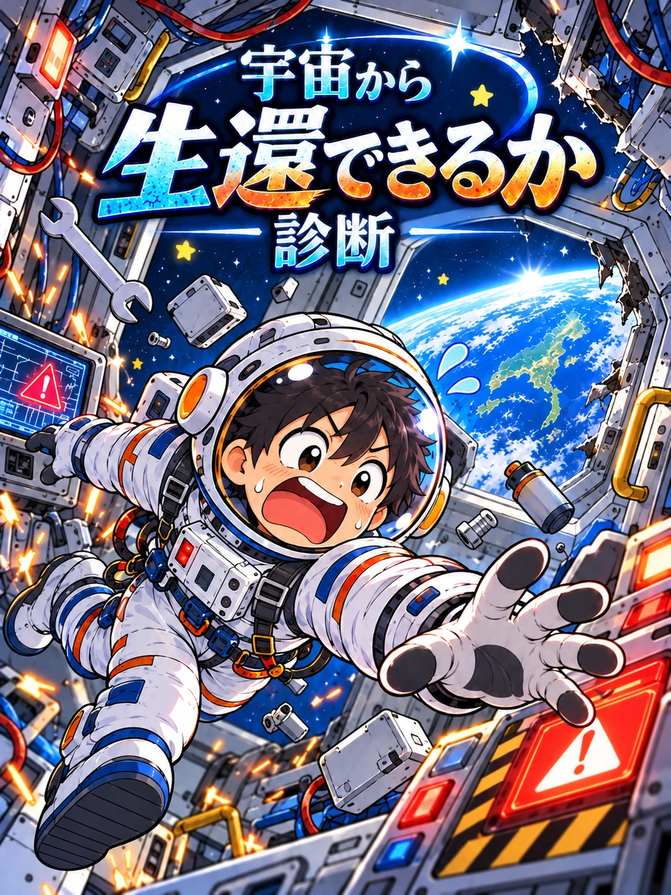 宇宙から生還できるか診断のタイトルと、事故が起きた宇宙船に浮かぶ宇宙飛行士