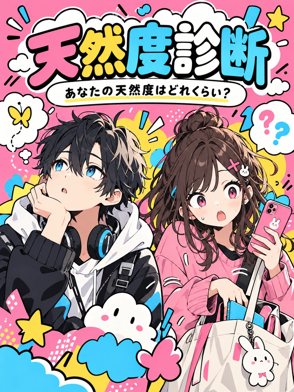 天然度診断のタイトルと、考え込む男性・驚く女性のイラスト